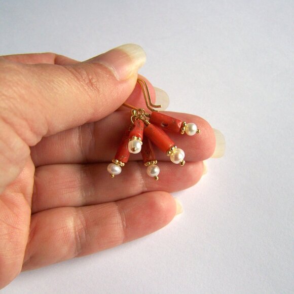 Genuine ITALIAN CORAL & PEARL Earrings 22k Gold Vermeil Colorful Cluster - Picture 8 of 8